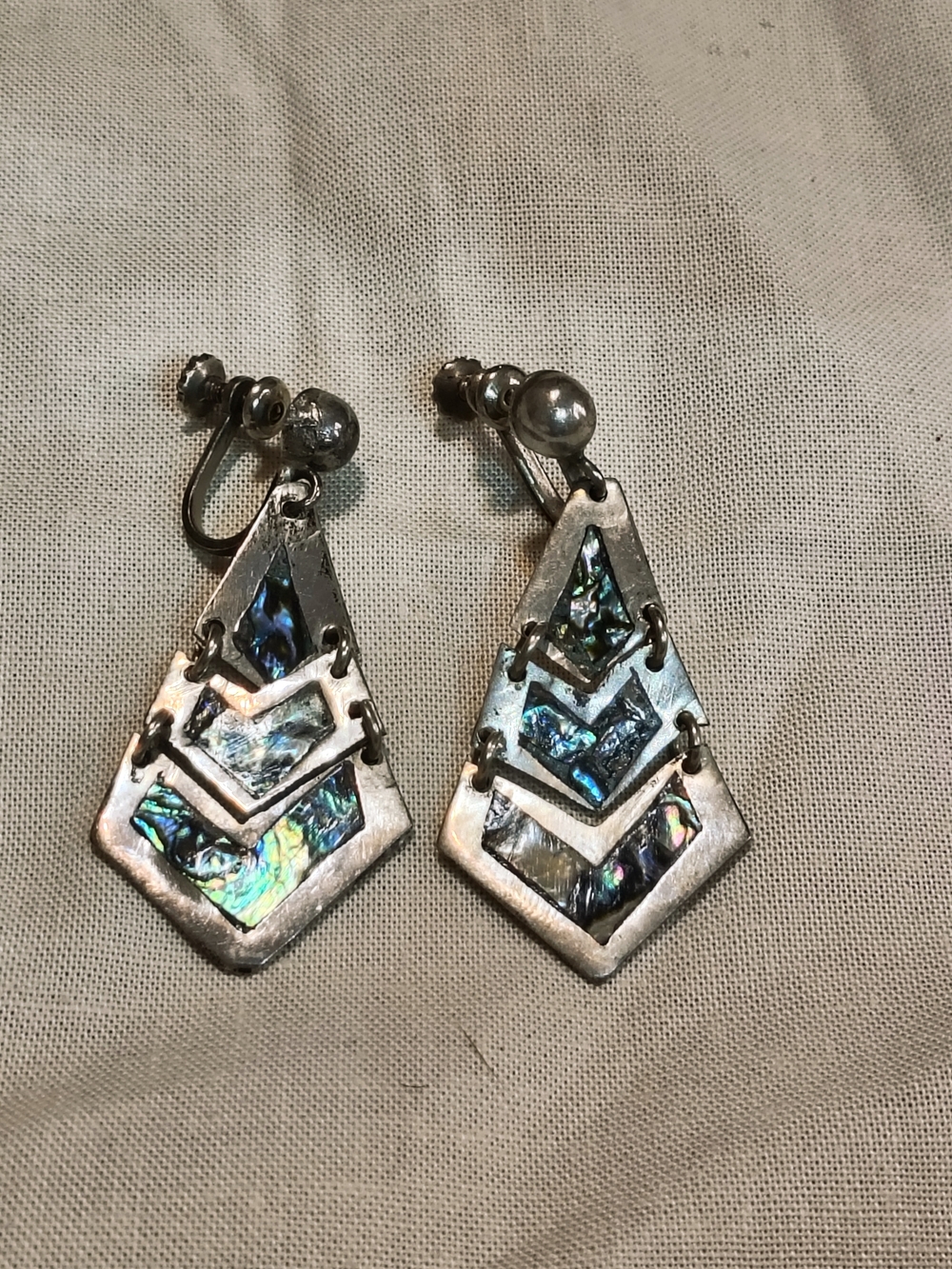 Vintage Taxco Sterling Silver Abalone Geometric Dangle Earrings • Mexican Modern